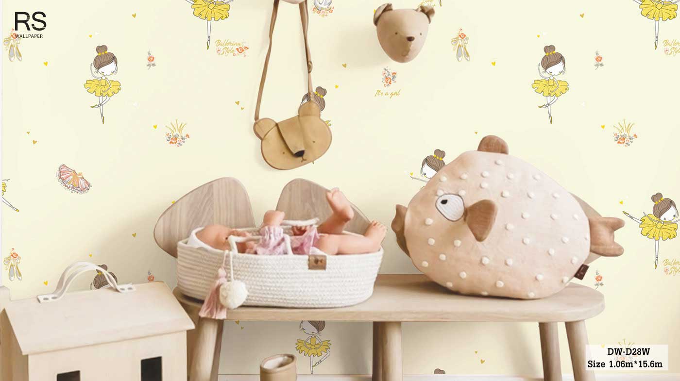 วอลเปเปอร์ห้องเด็ก ลายเด็กหญิงเต้นระบำ พื้นสีเหลืองอ่อน DW-D28W