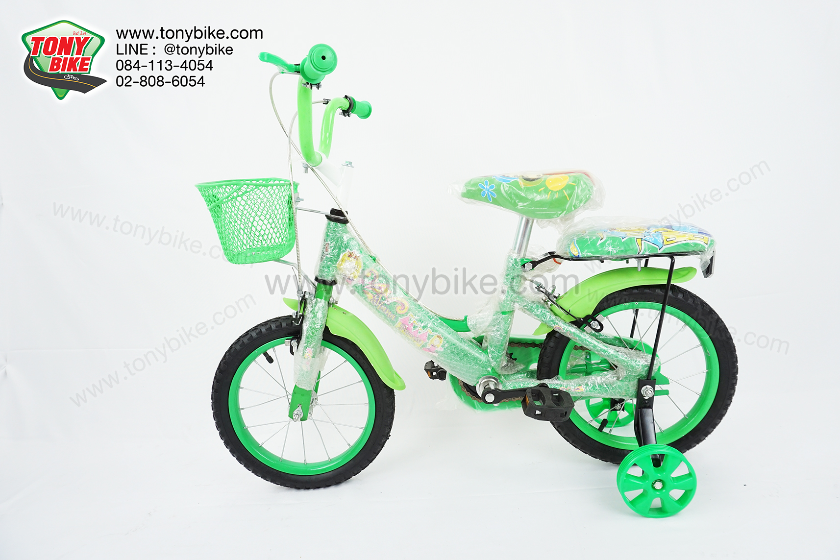 จักรยานเด็ก ล้อ 14 นิ้ว แฮนด์สูง เบาะหลัง มีล้อพ่วงข้าง สีเขียว