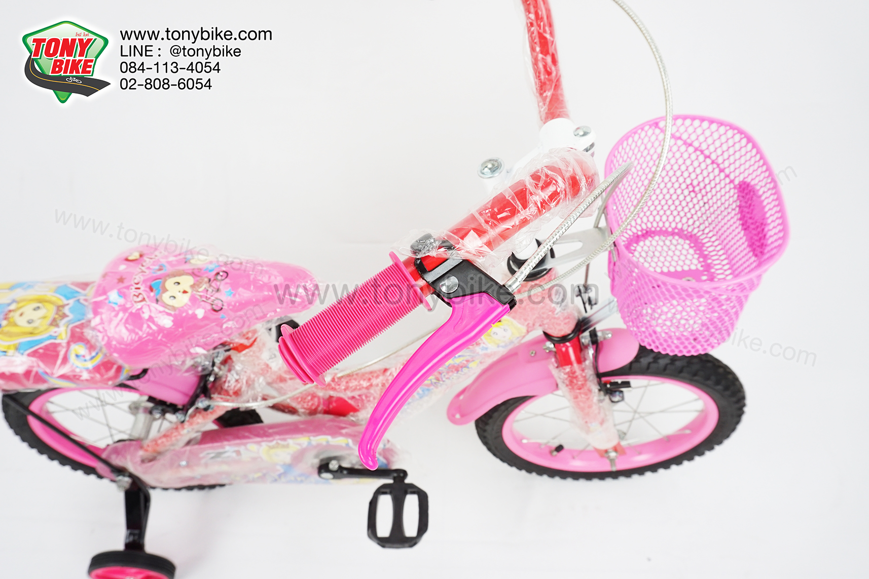 จักรยานเด็ก ล้อ 14 นิ้ว แฮนด์สูง เบาะหลัง มีล้อพ่วงข้าง สีชมพู
