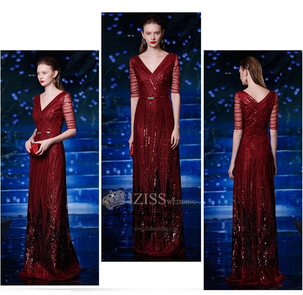 T004 **พรีออเดอร์ชุดราตรีเลื่อมสีแดง**ชุดราตรีเลื่อมยาวสีแดงไวน์ แขนสั้น สวยงามหรูหราไฮโซมากๆ ค่ะ
