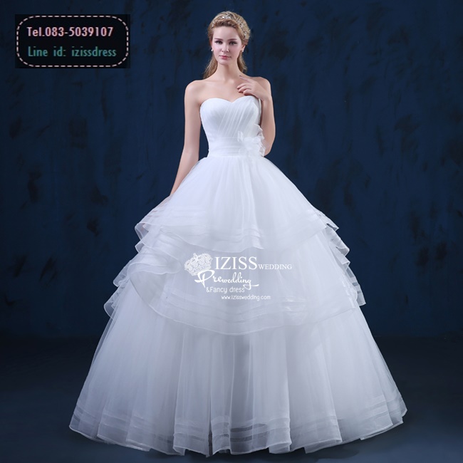 BR177 **พรีออเดอร์**ชุดแต่งงาน&ชุดเจ้าสาวเกาะอกแบบยาวสีขาวเกรดพรีเมี่ยม ดีเทลแทร็ปผ้าตาข่ายโปร่งช่วงอก ช่วงเอวตกแต่งด้วยดอกไม้ผ้า กระโปรงช่วงบนบานเป็นชั้นๆ เรียบหรูน่ารัก สวยโดดเด่นไม่ซ้ำใคร