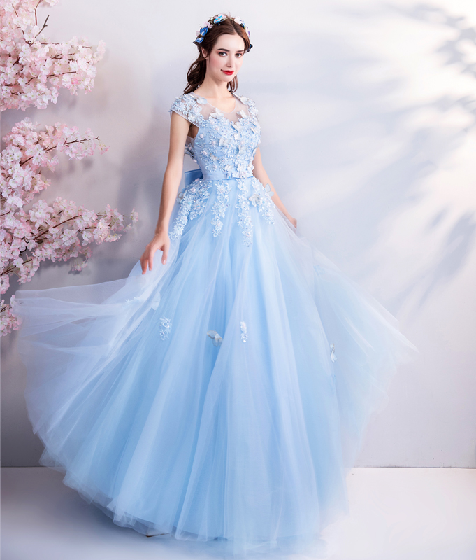 DL111 - **พร้อมส่ง** ชุดราตรี เดรสยาวออกงาน (Night party dresses) ชุดไปงานแต่งงานสวยๆ "ธีมสีฟ้าแต่งดอก 3D"