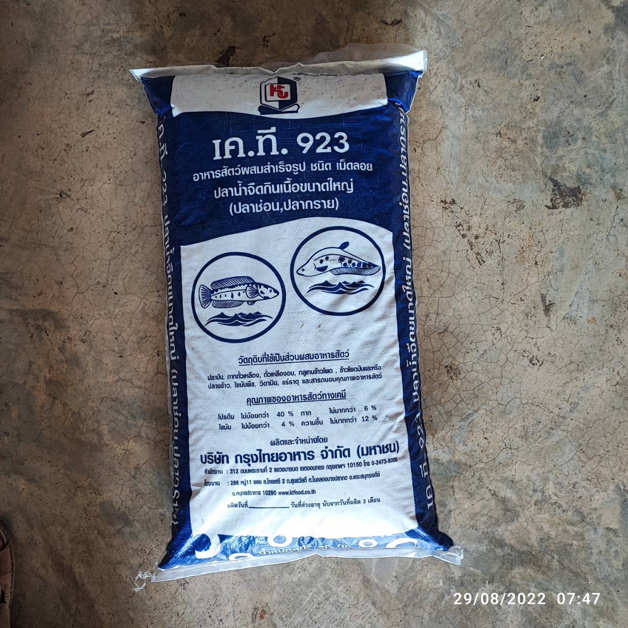 อาหารปลาช่อน ปลากราย KT 923 ปริมาณโปรตีน 40 % สำหรับปลาใหญ่ บรรจุ 20 กก (ปลาหลิม ในภาษาเหนือ)