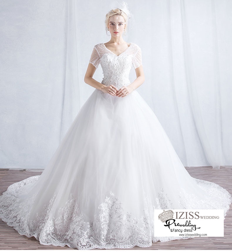 ฺBR112 **พรีออเดอร์**ชุดแต่งงาน&ชุดเจ้าสาวแบบยาวสีขาวเกรดพรีเมี่ยม แขนสั้นแต่งมุก หรูหราน่ารัก สวยโดดเด่นไม่ซ้ำใคร