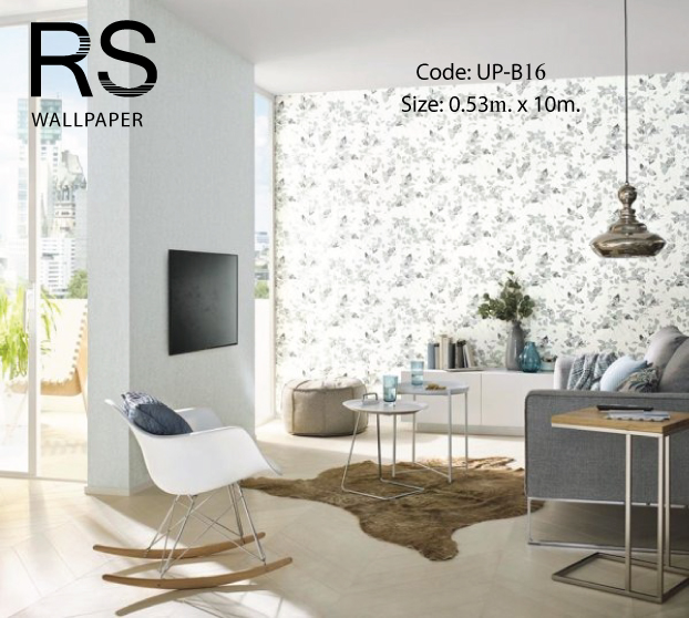 วอลเปเปอร์ลายใบไม้ฟ้า พื้นสีขาว มีกลิตเตอร์สีเงินโรย UP-B16