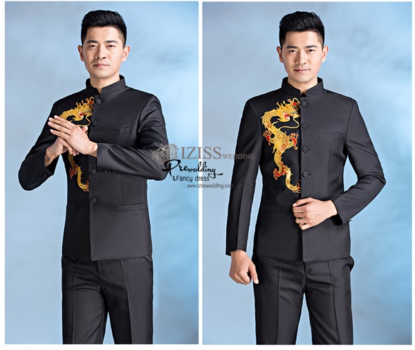 ST078 **พรีออเดอร์**สูทจีนผู้ชายสีดำแขนยาวติดลายมังกรสีทอง ติดกระดุมสีดำ พร้อมกางเกงสีดำขาสอบ ชุดสูทเจ้าบ่าว สูทแฟนซี ถ่ายพรีเวดดิ้ง & ชุดแต่งงานแฟนซี (Fancy wedding dress) สูทผู้ชายสีดำ