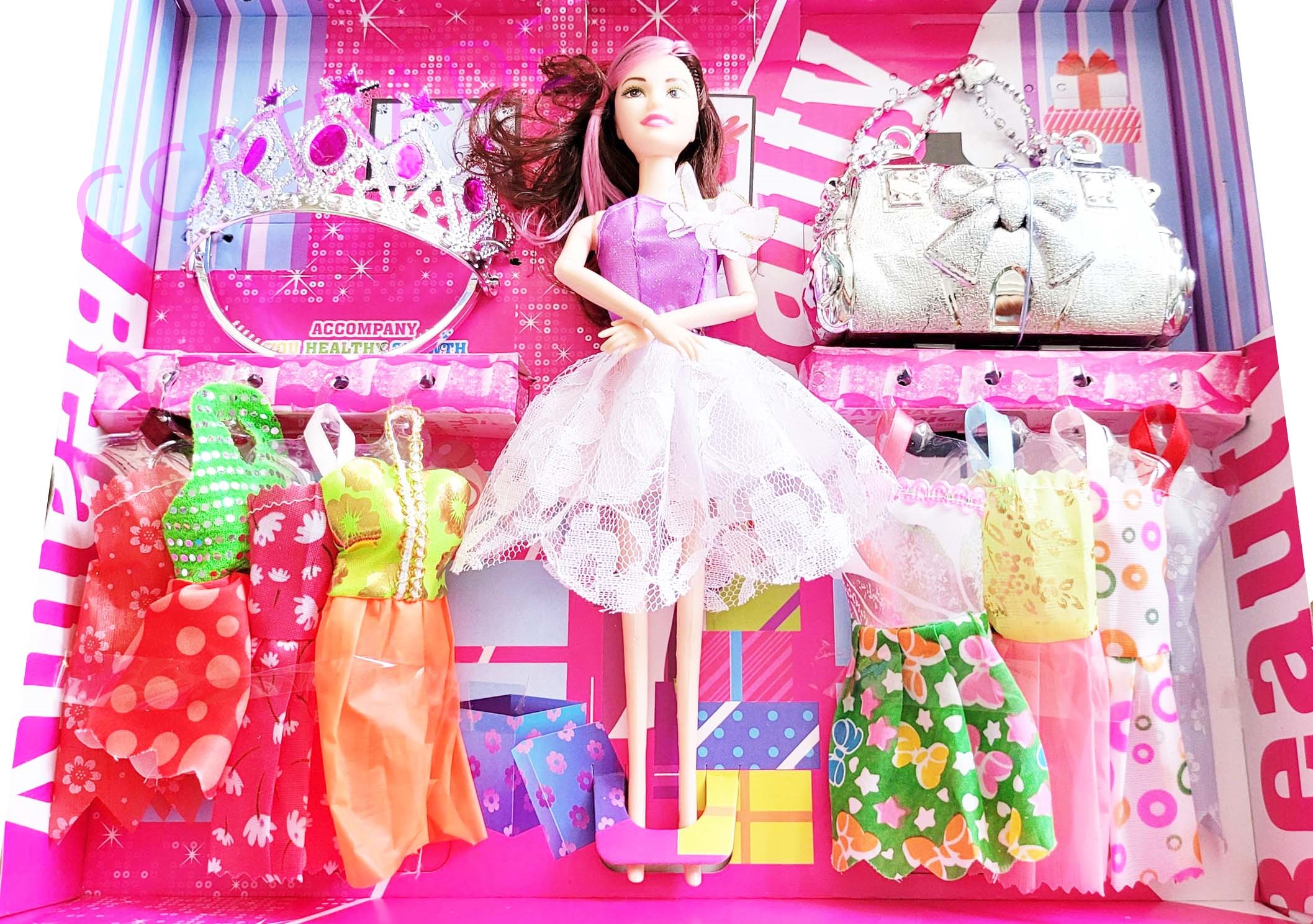 เซ็ทบาร์บี้กระเป๋ามงกุฎ+ชุดกระโปรง 8 ชุดกล่องใหญ่ 38 ซม.(1x3)