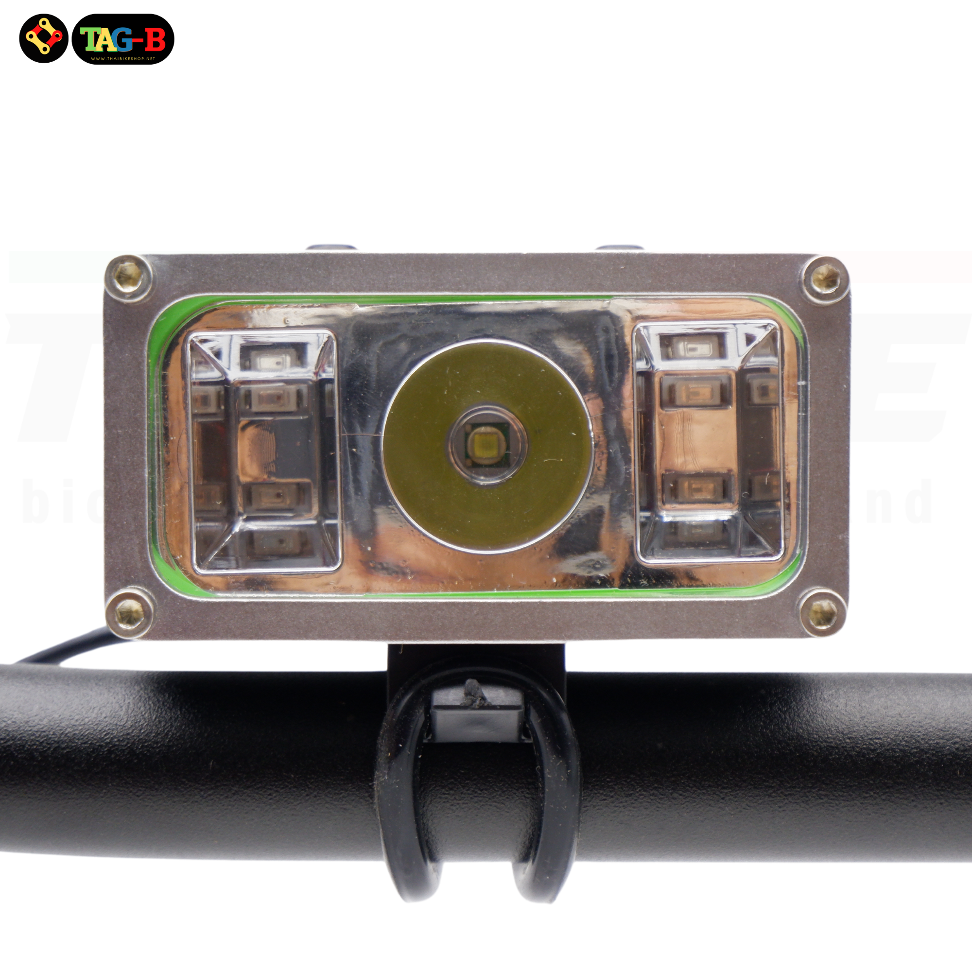 ไฟหน้าจักรยานแบบชาร์จ TAG-B 1800 ลูเมนส์ แบบสามสี แดงน้ำเงิน