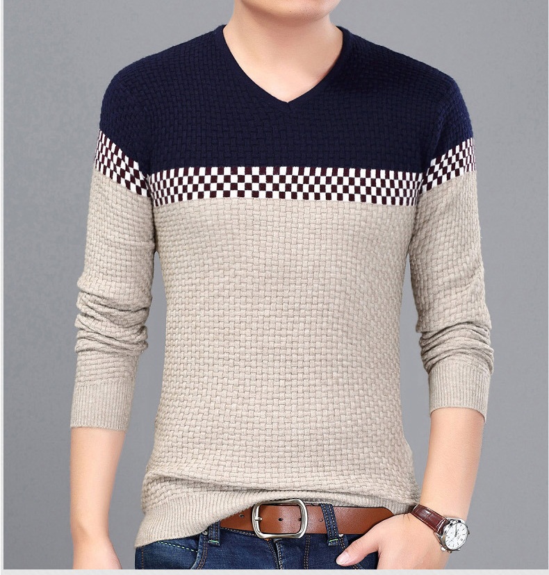 เสื้อไหมพรมผู้ชาย สีน้ำตาล คอวี แขนยาว แต่งลายเท่ห์ สเวตเตอร์ผู้ชาย ผ้ายืดหยุ่นได้ดี ใส่กันหนาว ใส่ไปเที่ยวต่างประเทศได้ ใส่เดี่ยวหรือทับด้วยโค้ทอีกที