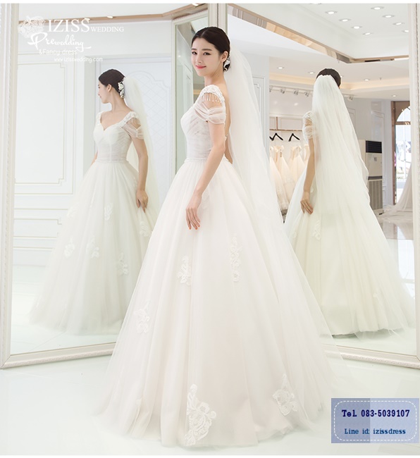 BR185 **พรีออเดอร์**ชุดแต่งงาน&ชุดเจ้าสาวแบบยาวสีขาวเกรดพรีเมี่ยม เปิดไหล่ มีแขน หรูหราน่ารัก สวยโดดเด่นไม่ซ้ำใคร