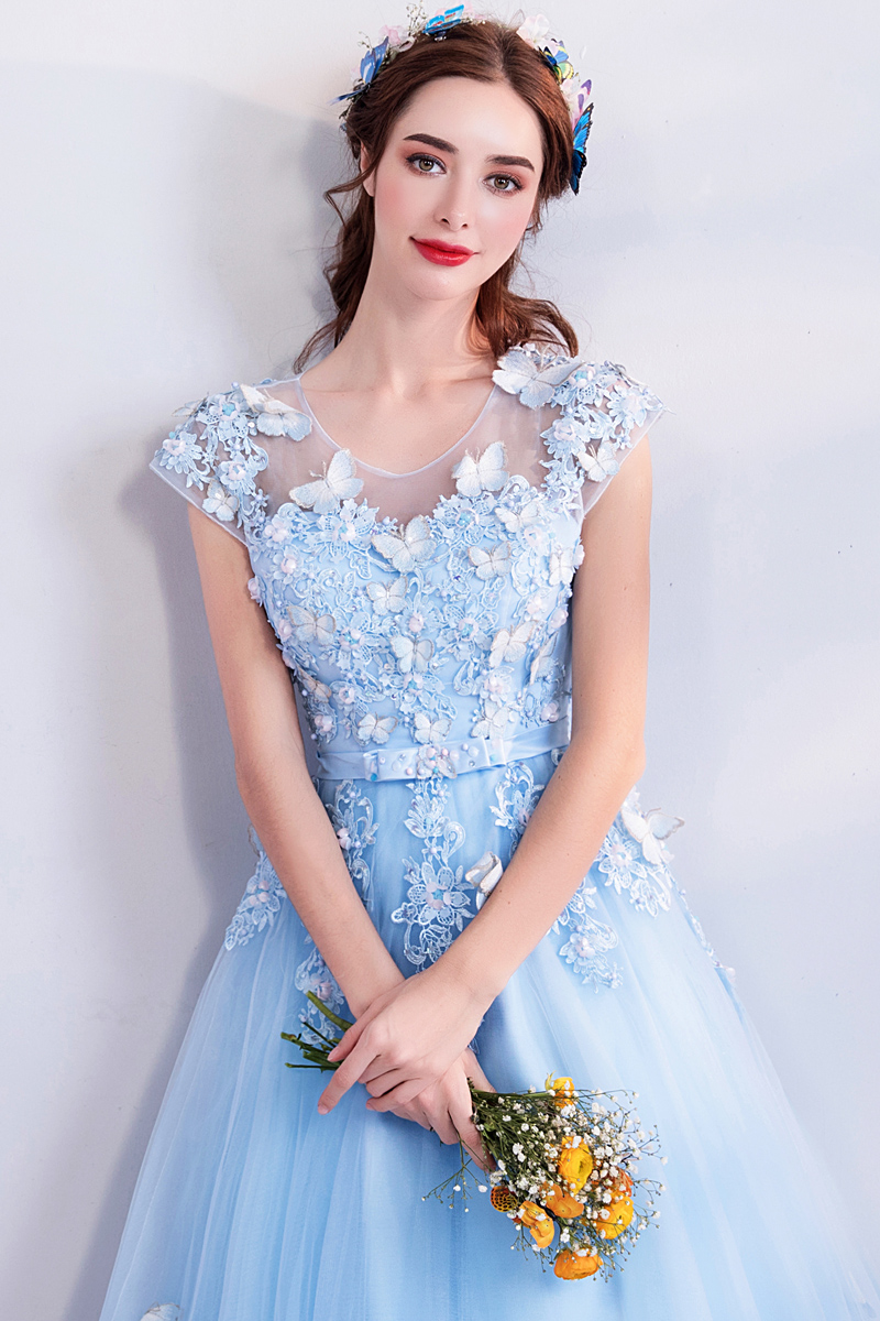 DL111 - **พร้อมส่ง** ชุดราตรี เดรสยาวออกงาน (Night party dresses) ชุดไปงานแต่งงานสวยๆ "ธีมสีฟ้าแต่งดอก 3D"