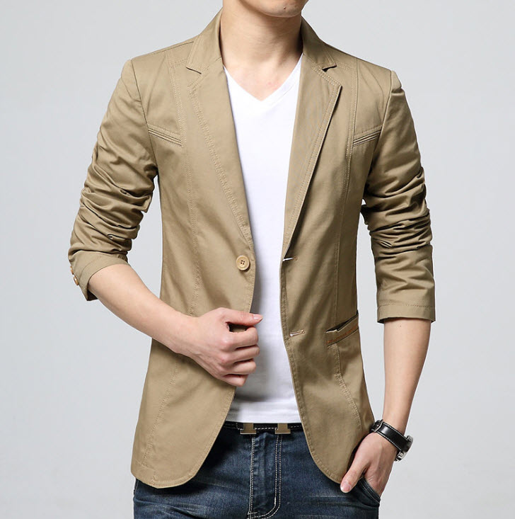 *เลิกจำหน่าย* เสื้อสูท ผู้ชาย สีกากี คอปก แขนยาว กระดุมหน้า 2 เม็ด แต่งขอบกระเป๋าข้าง ใส่เป็นสูทลำลองได้