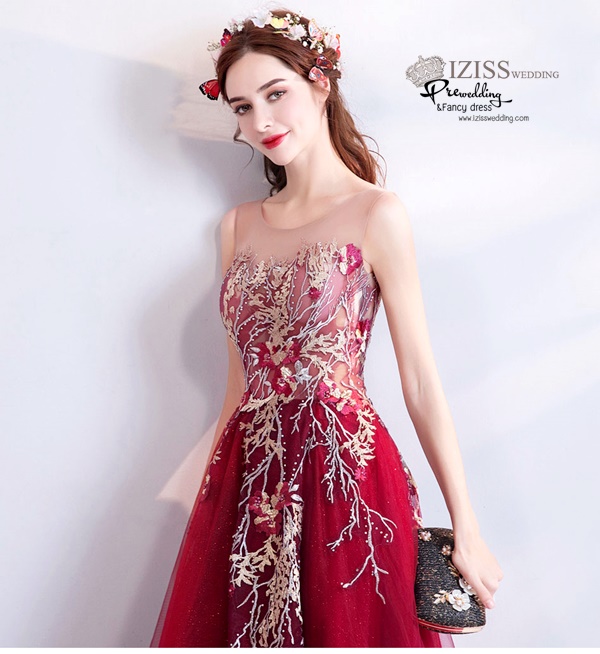 DL077 - **พร้อมส่งXL** ชุดราตรี เดรสยาวออกงาน (Night party dresses) ชุดไปงานแต่งงานสวยๆ "ธีมสีแดงแต่งดอก 3D"
