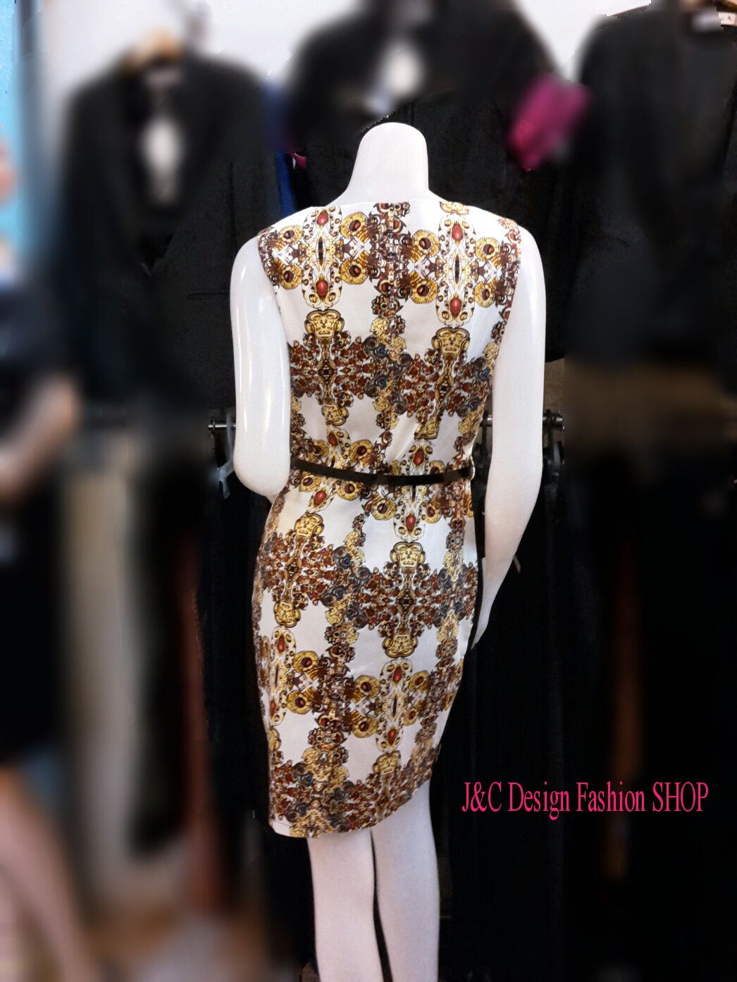 เดรสลายกราฟฟิกสไตน์เกาหลีสีดำ ชุดแซกผ้าเวสโก้ผสมโพลีเอไมท์ ชุดผ้าไทยผ้าพื้นเมือง ชุดทำงานสไตน์หรูเรียบดีเทลเก๋ๆด้วยการตัดต่อดำ