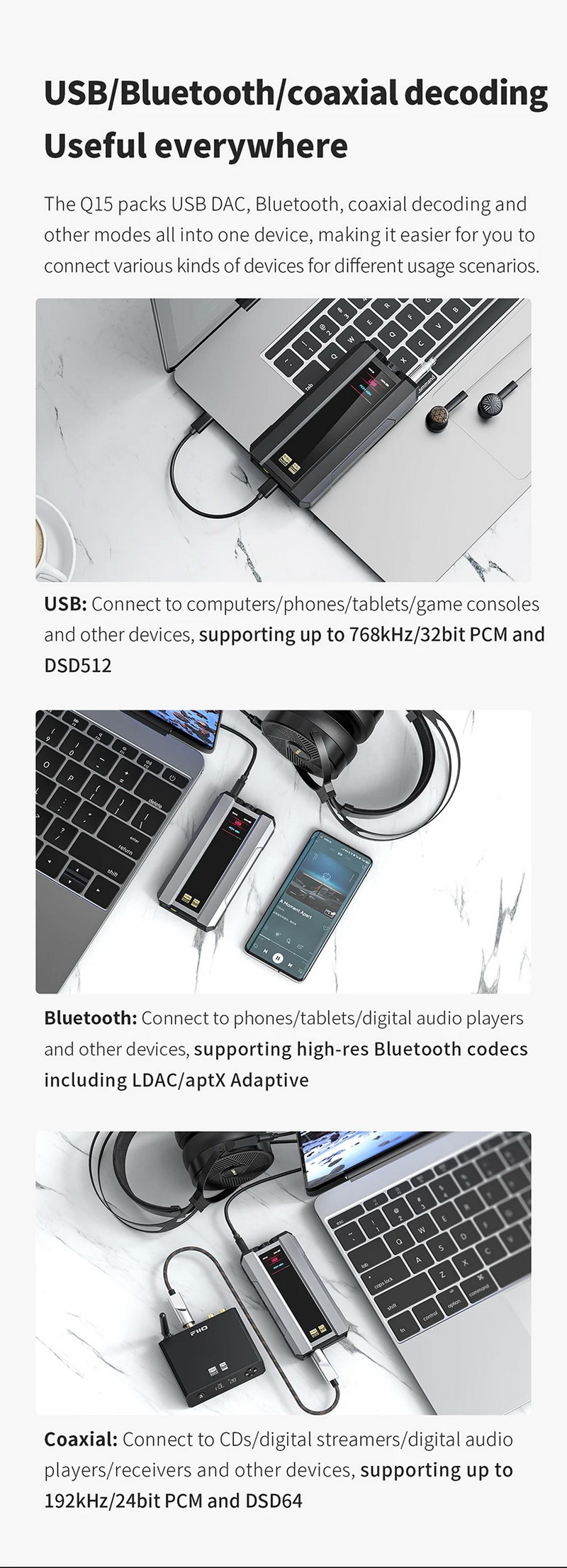 FiiO Q15 DAC/AMP พกพา ชิป DACคู่ จอ IPS รองรับ MQA, PCM 32bit/768kHz, DSD512 ประกันศูนย์ไทย