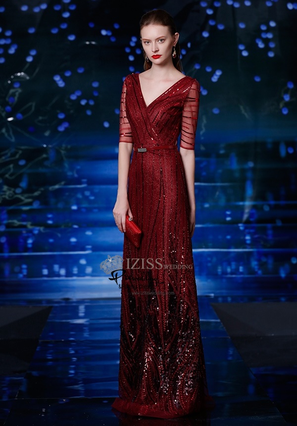 T004 **พรีออเดอร์ชุดราตรีเลื่อมสีแดง**ชุดราตรีเลื่อมยาวสีแดงไวน์ แขนสั้น สวยงามหรูหราไฮโซมากๆ ค่ะ