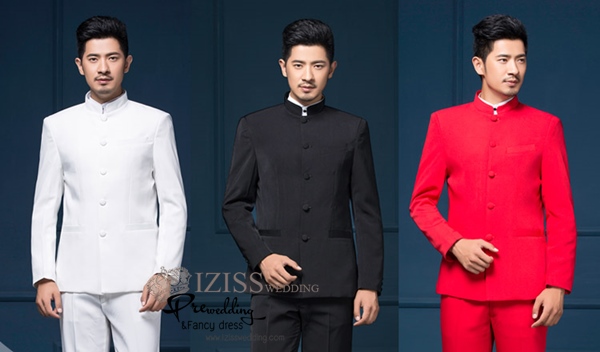 ST007- **พรีออเดอร์สีขาว/แดง/ดำ**สูทจีนผู้ชายสีดำแขนยาวคอจีน ติดกระดุมสีดำ พร้อมกางเกงสีดำขาสอบ ชุดสูทเจ้าบ่าว สูทแฟนซี ถ่ายพรีเวดดิ้ง & ชุดแต่งงานแฟนซี (Fancy wedding dress) สูทผู้ชายสีดำ