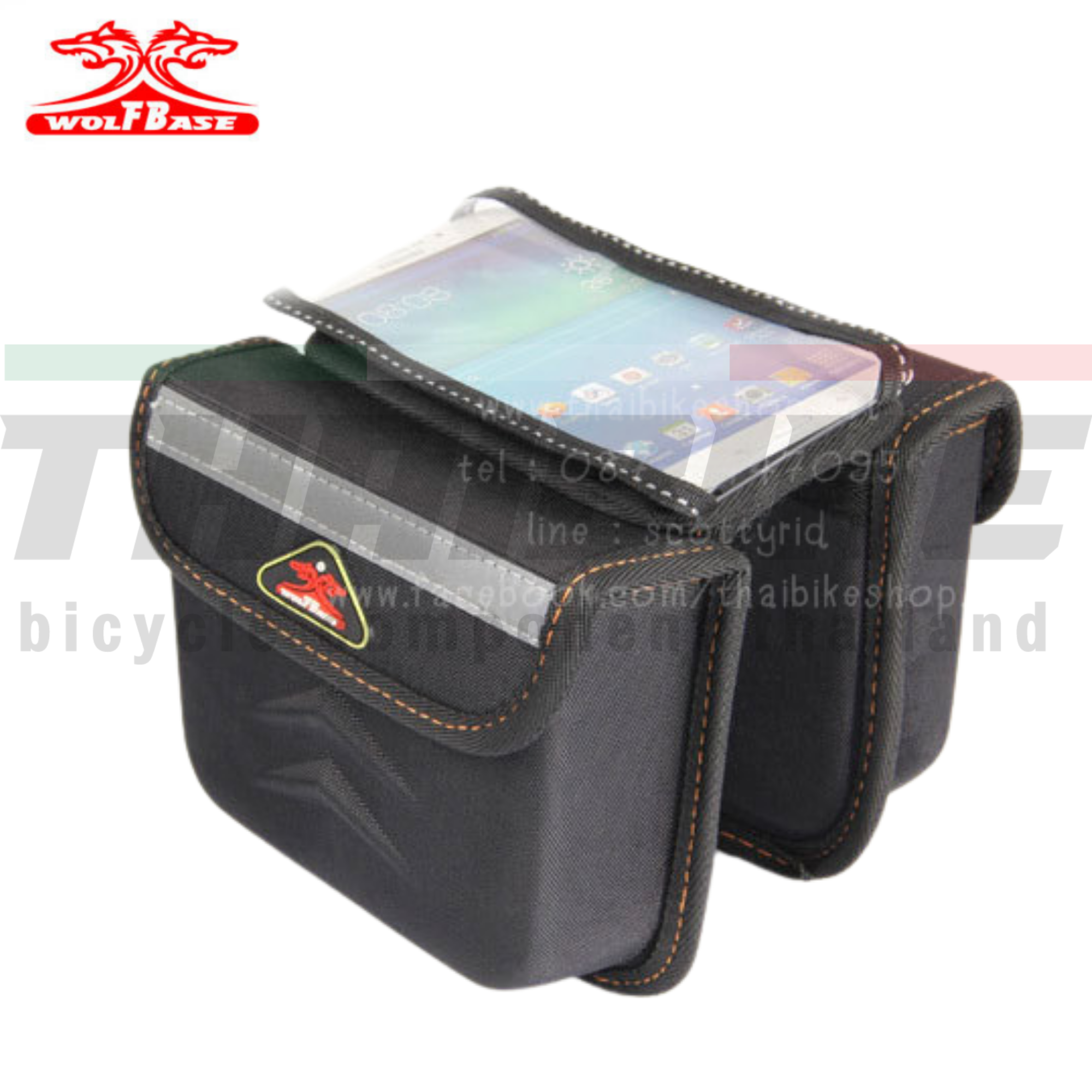 กระเป๋าพาดเฟรมหน้าจักรยานใส่มือถือได้ แบบทรงแข็ง WOLFBASE THAIBIKE พร้อมผ้ากันฝน