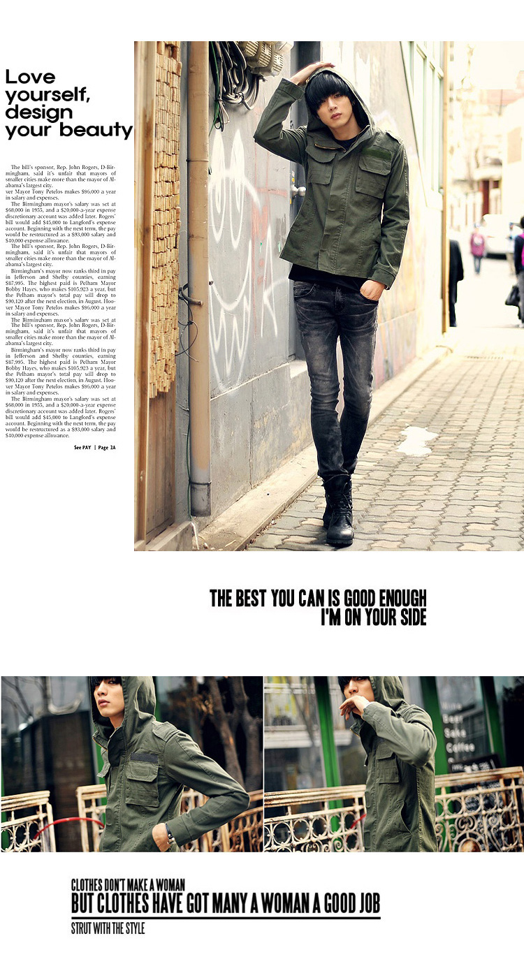 เสื้อแจ๊คเก็ตผู้ชาย พร้อมส่ง แขนยาว สีเขียว มีฮูท กระเป๋าข้างใช้งานได้ เสื้อแจ็คเก็ตสีเขียวทหาร เท่ห์ๆ แฟชั่นผู้ชายมาใหม่