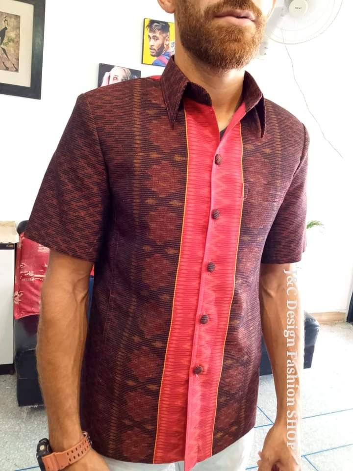 เสื้อสูทชายฝ้ายแท้มัดหมี่ตีนแดงทอมือ เสื้อสูทชายฝ้ายแท้ สูทผ้าไทยชาย ซาฟารีผ้าไทยชาย สูทผ้าฝ้ายมัดหมี่ตีนแดง