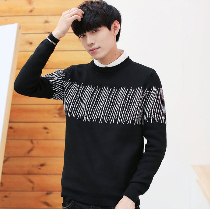 พร้อมส่ง เสื้อไหมพรมผู้ชาย สีดำ ลายถักสีขาวด้านหน้า คอกลม แขนยาว ปลายแขนจั๊ม