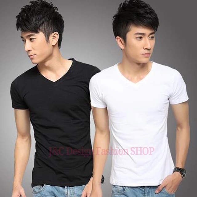 เสื้อผู้ชายคลาสสิกแขนสั้น ใส่แล้วท็อปส์เพียวสีขาวดำ คอVคอยืดหยุ่นผ้าฝ้ายไลคร่าเสื้อยืดเสื้อกล้าม เสื้อยืดเกาหลีคอวีชาย