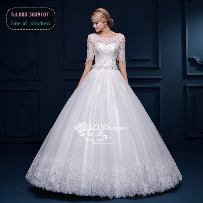 BR178 **พรีออเดอร์**ชุดแต่งงาน&ชุดเจ้าสาวแบบยาวสีขาวเกรดพรีเมี่ยม เปิดไหล่ มีแขน หรูหราน่ารัก สวยโดดเด่นไม่ซ้ำใคร