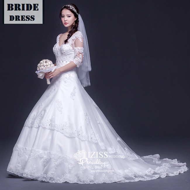 BR160 **พรีออเดอร์ไซส์ M**ชุดแต่งงาน&ชุดเจ้าสาวแบบยาวสีขาวเกรดพรีเมี่ยม แขนยาวครึ่งแขนตกแต่งลูกไม้ หรูหราน่ารัก สวยโดดเด่นไม่ซ้ำใคร