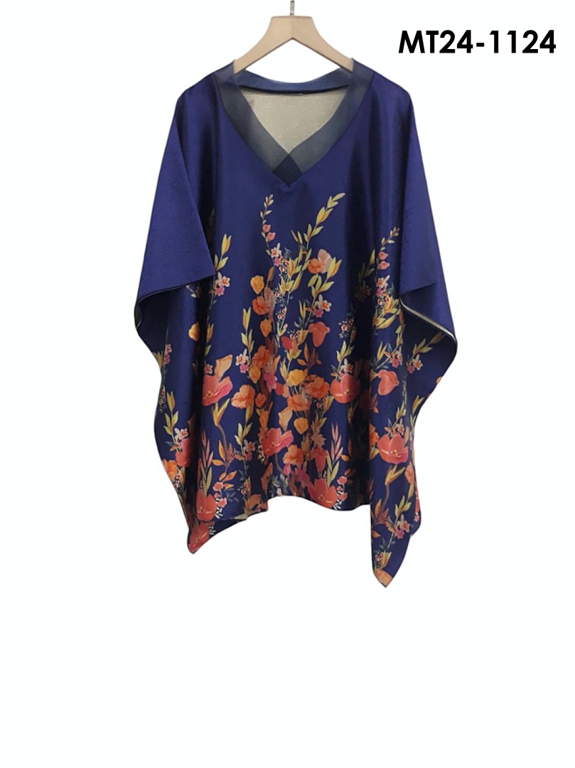 MT24-1124 ไหมจีนคอวีแก้วทรงผีเสื้อ อก 56 นิ้ว สวยสไต์คุณนาย เสื้อผู้ใหญ่