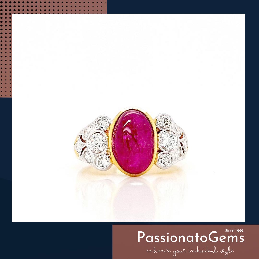 รหัส 20210610 แหวนเพชร ฝังพลอยทับทิมหลังเบี้ย-Cabochon ขนาด 11.5*7.5 มิล. 1 เม็ด เพชรรวมน.นรวม 80 ตัง มีวงเดียวเท่านั้น Line : @passiongems (อย่าลืมใส่ @หน้าpassiongems นะคะ)