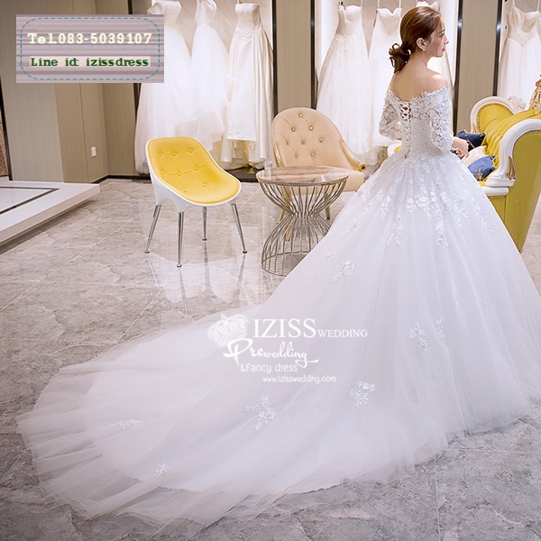 BR240 **พรีออเดอร์**ชุดแต่งงาน&ชุดเจ้าสาวแบบยาวสีขาวเกรดพรีเมี่ยม เปิดไหล่ มีแขน หรูหราน่ารัก สวยโดดเด่นไม่ซ้ำใคร
