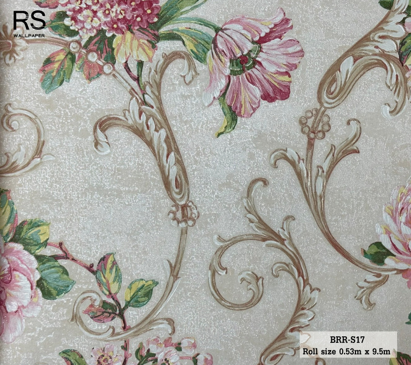 วอลเปเปอร์ ลายดอกไม้วินเทจสีแดง พื้นสีครีมอมน้ำตาลอ่อน BRR-S17