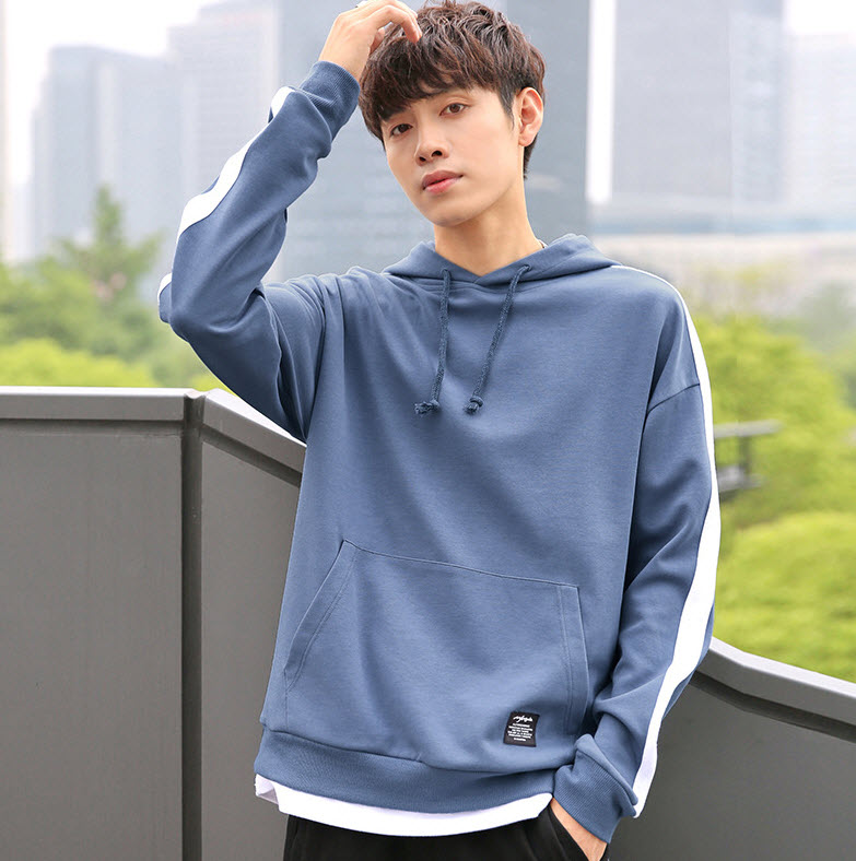 Hoodie เสื้อฮู้ดผู้ชาย สีน้ำเงิน ทรงOversize แต่งชายเสื้อและแขน เสื้อกันหนาวมีฮู้ด แฟชั่นสไตล์เกาหลี