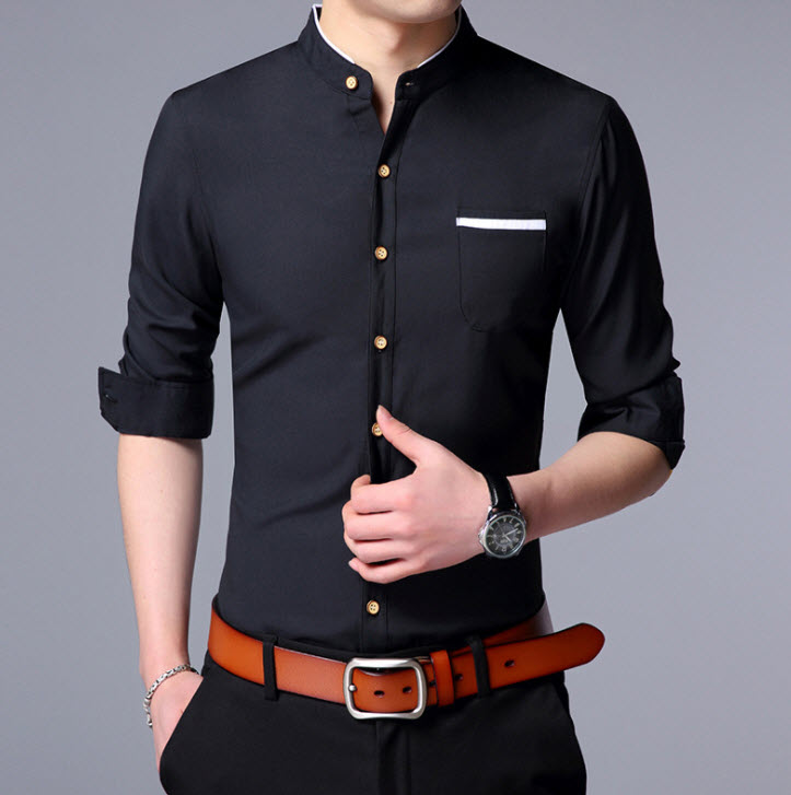พร้อมส่ง เสื้อเซิ้ตผู้ชาย สีดำ คอจีน แต่งสีขาวที่ขอบคอเสื้อ และกระเป๋า แขนยาว เสื้อเซิ้ตแขนยาว