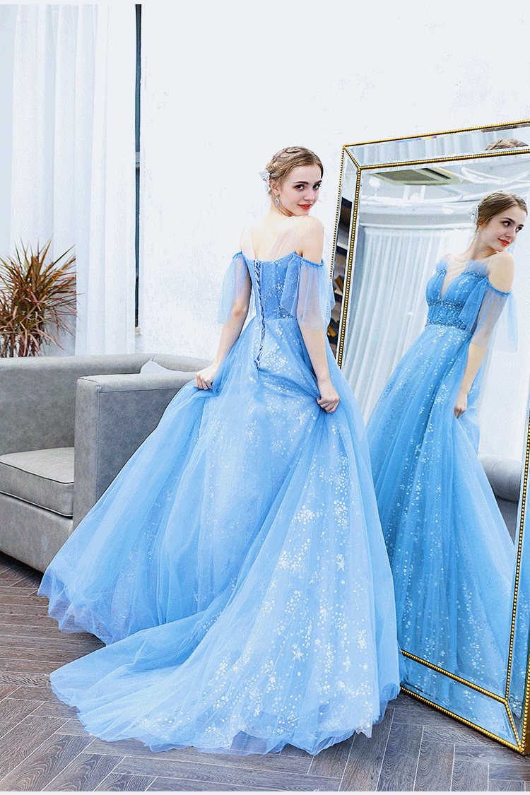 DL116 - **พรีออเดอร์** ชุดราตรีสีฟ้า เดรสยาวออกงาน (Night party dresses) ชุดไปงานแต่งงานสวยๆ "ธีมสีฟ้า"