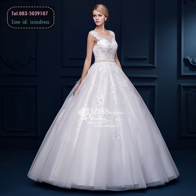 BR172 **พรีออเดอร์**ชุดแต่งงาน&ชุดเจ้าสาวแบบยาวสีขาวเกรดพรีเมี่ยม แขนกุดซีทรูช่วงอกและแขน ปักเลื่อมผสมลูกไม้ยกดอก พร้อมเข็มขัดมุก หรูหราน่ารัก สวยโดดเด่นไม่ซ้ำใคร