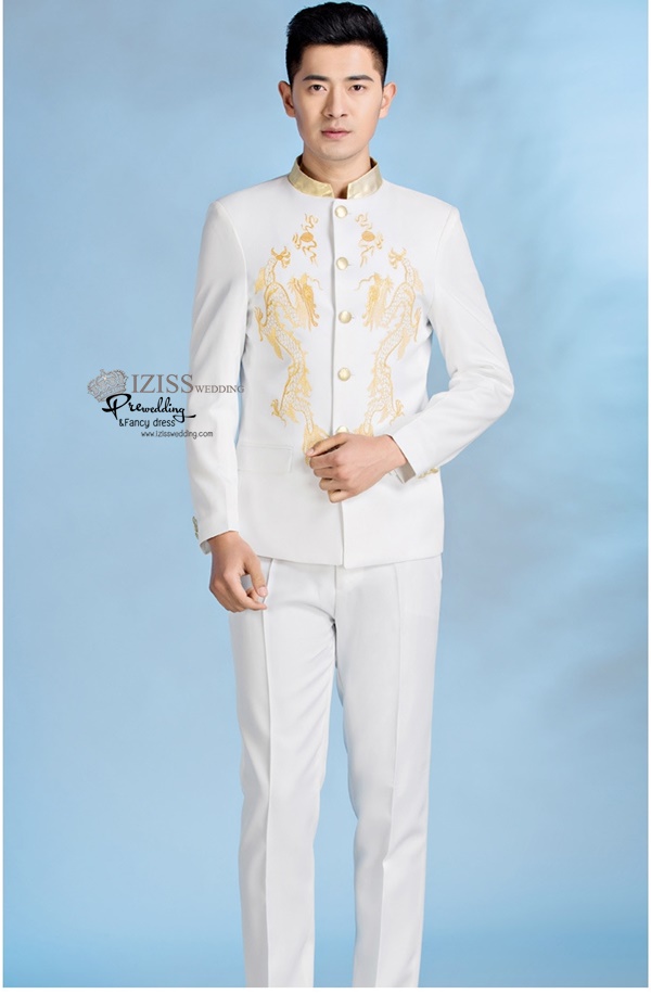 ST083 **พรีออเดอร์**สูทจีนผู้ชายสีขาวแขนยาวปักลายมังกรคู่สีทอง ติดกระดุมสีขาว พร้อมกางเกงสีขาวขาสอบ ชุดสูทเจ้าบ่าว สูทแฟนซี ถ่ายพรีเวดดิ้ง & ชุดแต่งงานแฟนซี (Fancy wedding dress) สูทผู้ชายสีขาว