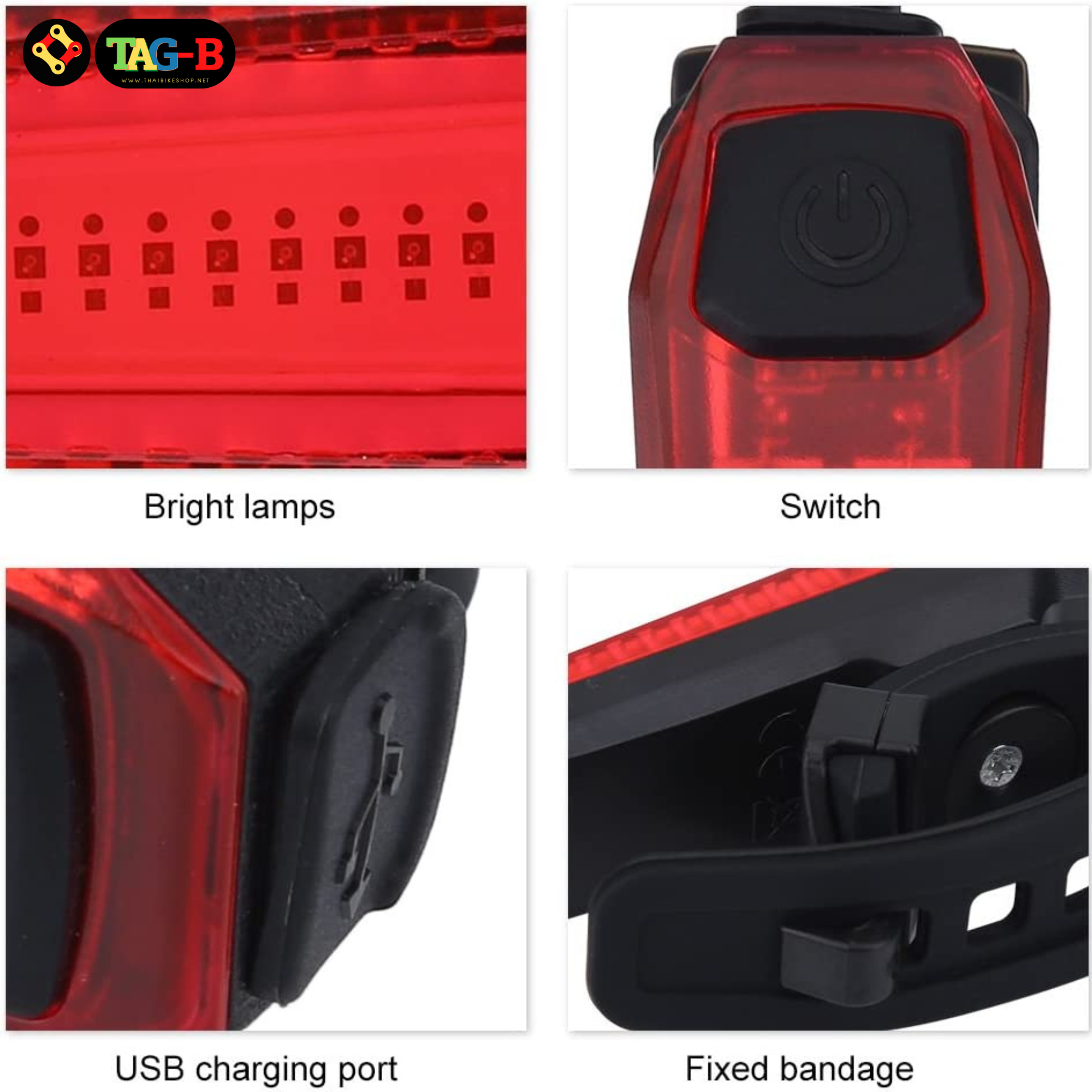 ไฟท้ายจักรยานชาร์จ USB ติดกระเป๋าได้ รุ่น ZH1608