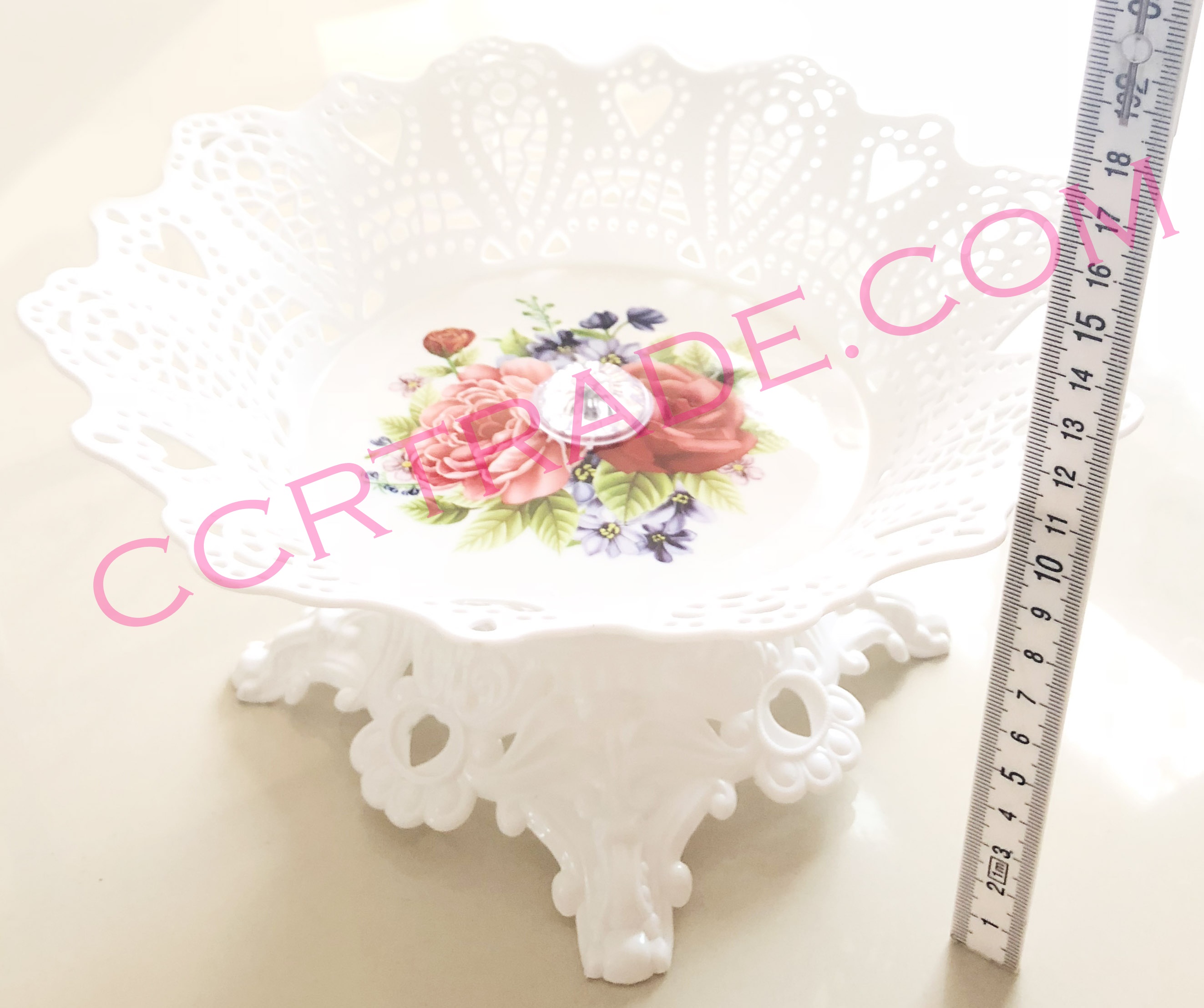 พานลายดอกไม้ขอบหยัก+ฐานตั้ง 12x24 ซม.