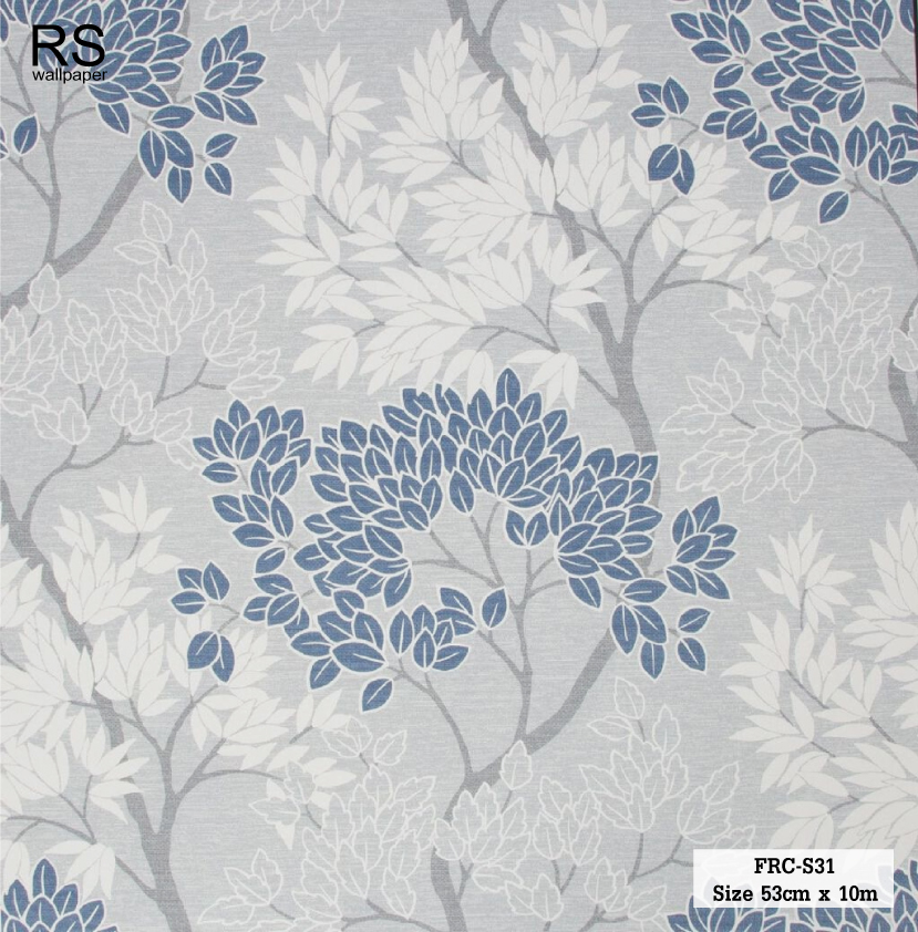 วอลเปเปอร์ ลายใบไม้สีน้ำเงิน พื้นสีเทา FRC-S31