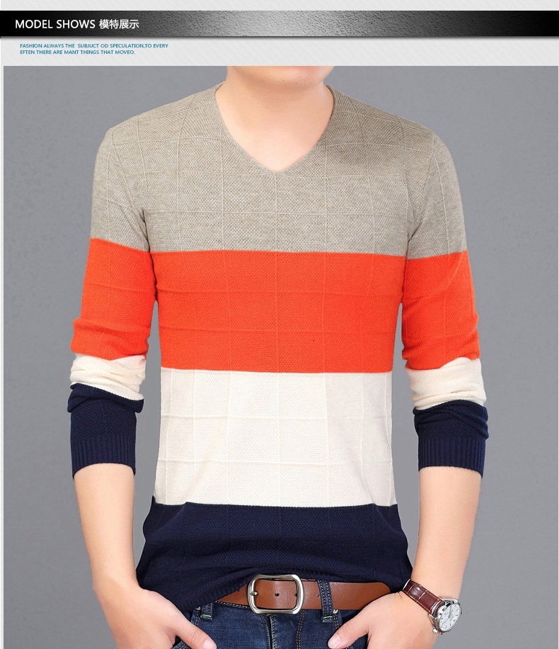 เสื้อไหมพรมผู้ชาย สีกากี คอวี แขนยาว แต่งไหล่สีกากี ไล่สี เนื้อผ้าลายตาราง สเวตเตอร์ผู้ชาย ผ้ายืดหยุ่นได้ดี ใส่กันหนาว ใส่ไปเที่ยวต่างประเทศได้ ใส่เดี่ยวหรือทับด้วยโค้ทอีกที