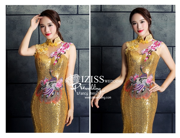 PW521- **พรีออเดอร์สีทอง**ชุดเลื่อมกี่เพ้ายาว ชุดยกน้ำชา ชุดถ่ายพรีเวดดิ้ง (prewedding dress) & ชุดแต่งงานแฟนซี (Fancy wedding dress) "ธีมสีเหลืองทอง"