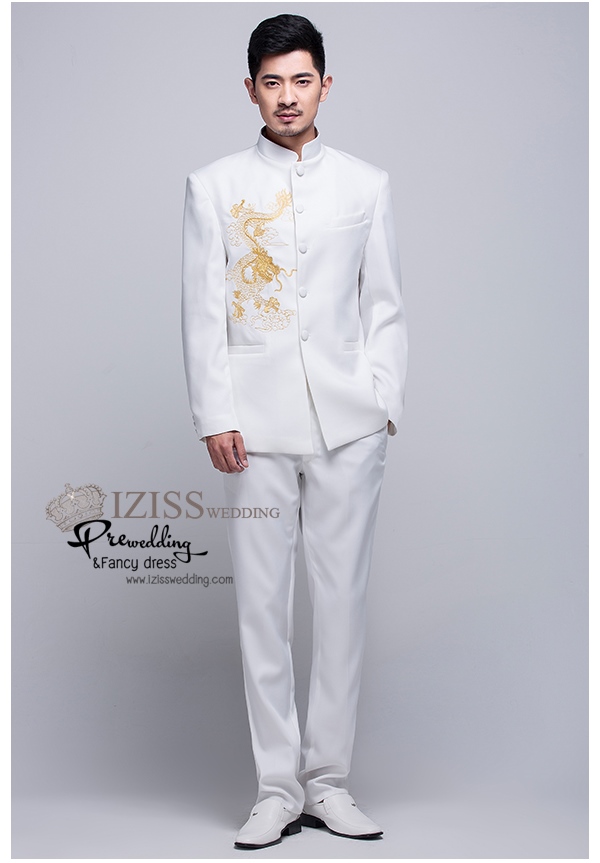 ST003- **พรีออเดอร์**สูทจีนผู้ชายสีขาวแขนยาวปักลายมังกรสีทอง ติดกระดุมสีขาว พร้อมกางเกงสีขาวขาสอบ ชุดสูทเจ้าบ่าว สูทแฟนซี ถ่ายพรีเวดดิ้ง & ชุดแต่งงานแฟนซี (Fancy wedding dress) สูทผู้ชายสีขาว