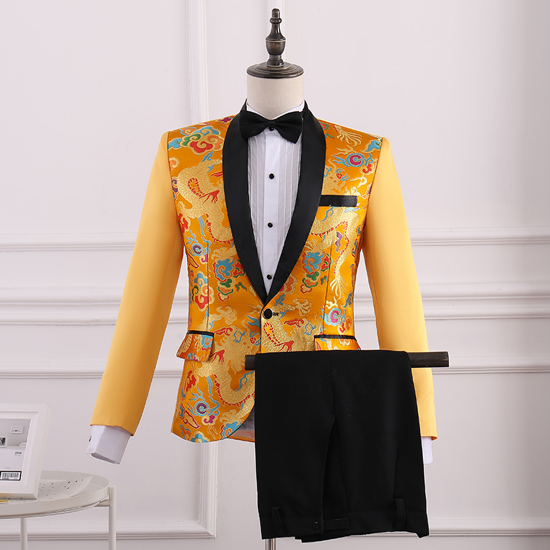 ST125- **พรีออเดอร์**สูทจีนสีน้ำเงินลายมังกร ตัดสีดำช่วงคอ แขนยาว พร้อมกางเกงสีดำ ชุดสูทเจ้าบ่าว สูทแฟนซี ถ่ายพรีเวดดิ้ง & ชุดแต่งงานแฟนซี (Fancy wedding dress) สูทจีนสีเหลืองลายมังกร