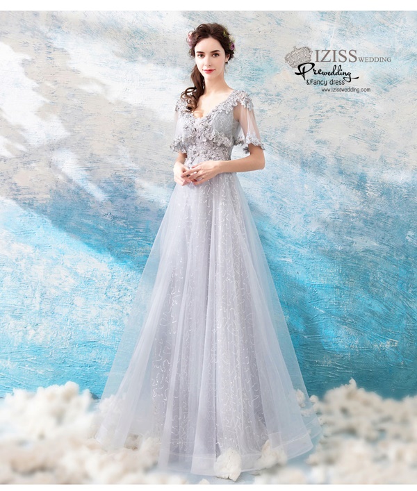 DL067 - **พรีออเดอร์** ชุดราตรี เดรสยาวออกงาน (Night party dresses) ชุดไปงานแต่งงานสวยๆ "ธีมสีเทาแต่งดอก 3D"