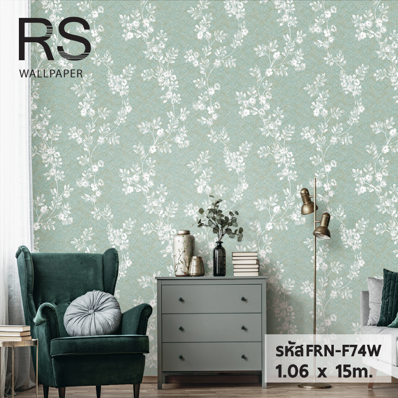 วอลเปเปอร์ลายดอกไม้สีขาว พื้นสีฟ้าเขียว FRN-F74W