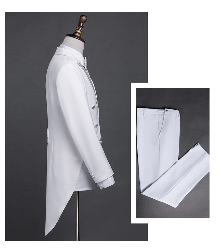 ST124- **พรีออเดอร์**สูททักสิโด้ผู้ชายสีขาว สูททักซิโด้สีดำ แขนยาว พร้อมแถบคาดเอว และกางเกง ชุดสูทเจ้าบ่าว สูทแฟนซี ถ่ายพรีเวดดิ้ง & ชุดแต่งงานแฟนซี (Fancy wedding dress) สูททักสิโด้ผู้ชายสีขาวและสีดำ