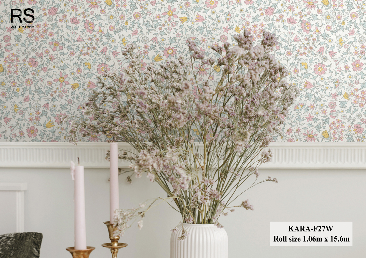 วอลเปเปอร์ ลายดอกไม้เล็กๆมินิมอล สีฟ้าชมพู KARA-F27W