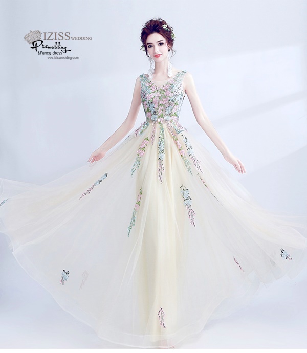 DL027 - **พรีออเดอร์** ชุดราตรี เดรสยาวออกงาน (Night party dresses) ชุดไปงานแต่งงานสวยๆ "ธีมสีครีมปักดอกชมพู "