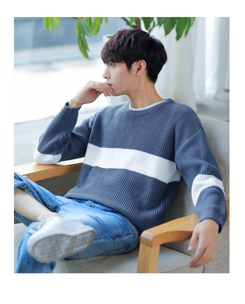 เสื้อไหมพรมผู้ชาย สีน้ำเงิน ลายแถบสีขาว เสื้อสีทูโทน คอกลม แขนยาว สเวตเตอร์ผู้ชาย ผ้าหนา ยืดหยุ่นได้ดี ใส่กันหนาว ใส่ไปเที่ยวต่างประเทศ ใส่เดี่ยวหรือทับด้วยโค้ทได้ 